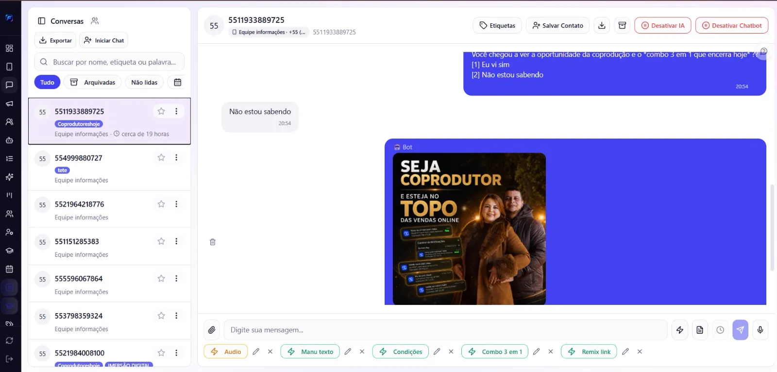 Central de atendimento da FutureFlow com conversas, etiquetas e chatbot