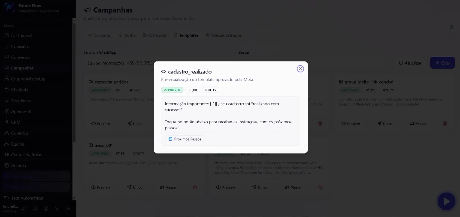 Templates aprovados pela Meta dentro do módulo de campanhas da FutureFlow