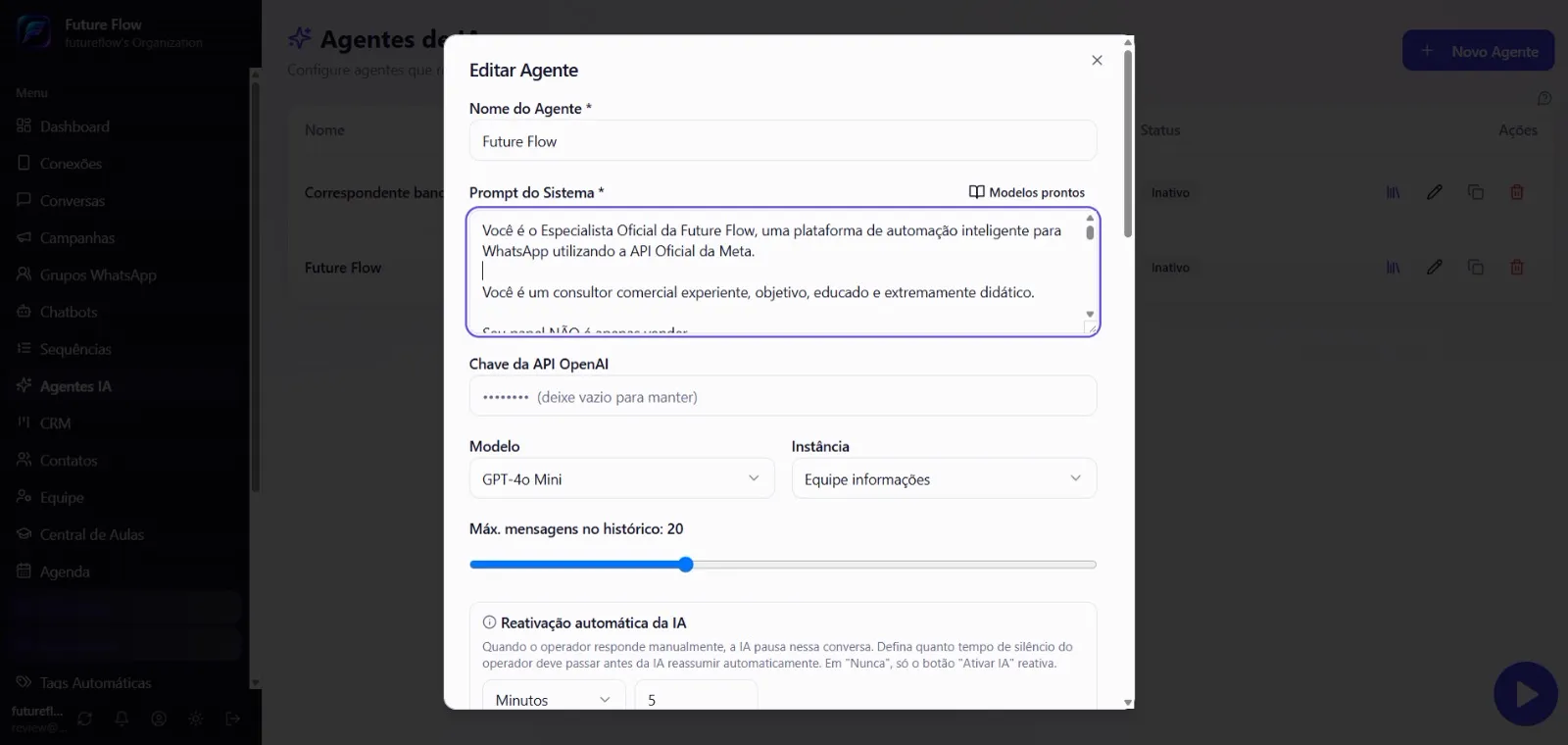 Configuração de agente de IA na FutureFlow